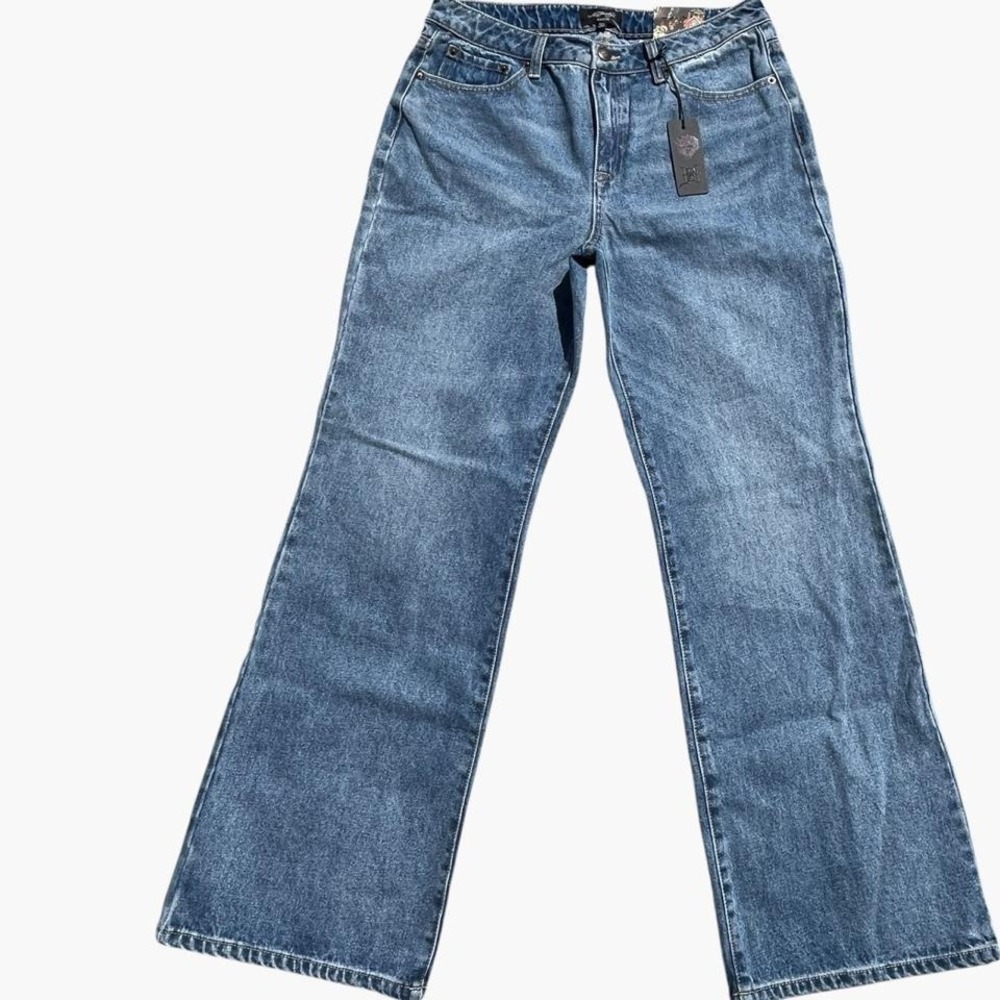 Ed Hardy Baggy Wide Leg Tattoo Graphic Jeans Blue Medium Wash Size 32 NWT